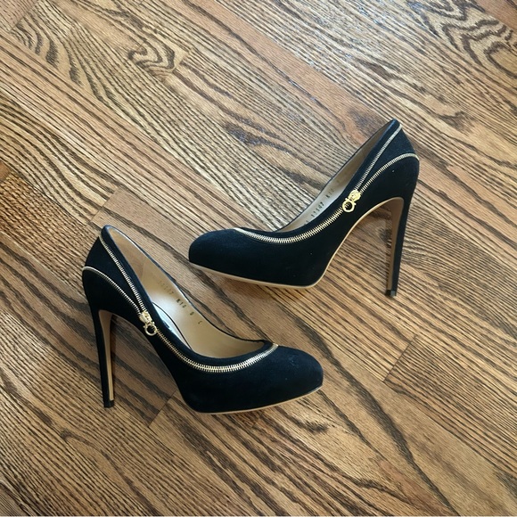 Salvatore Ferragamo women’s size 8 C Rory black suede with gold zipper heels